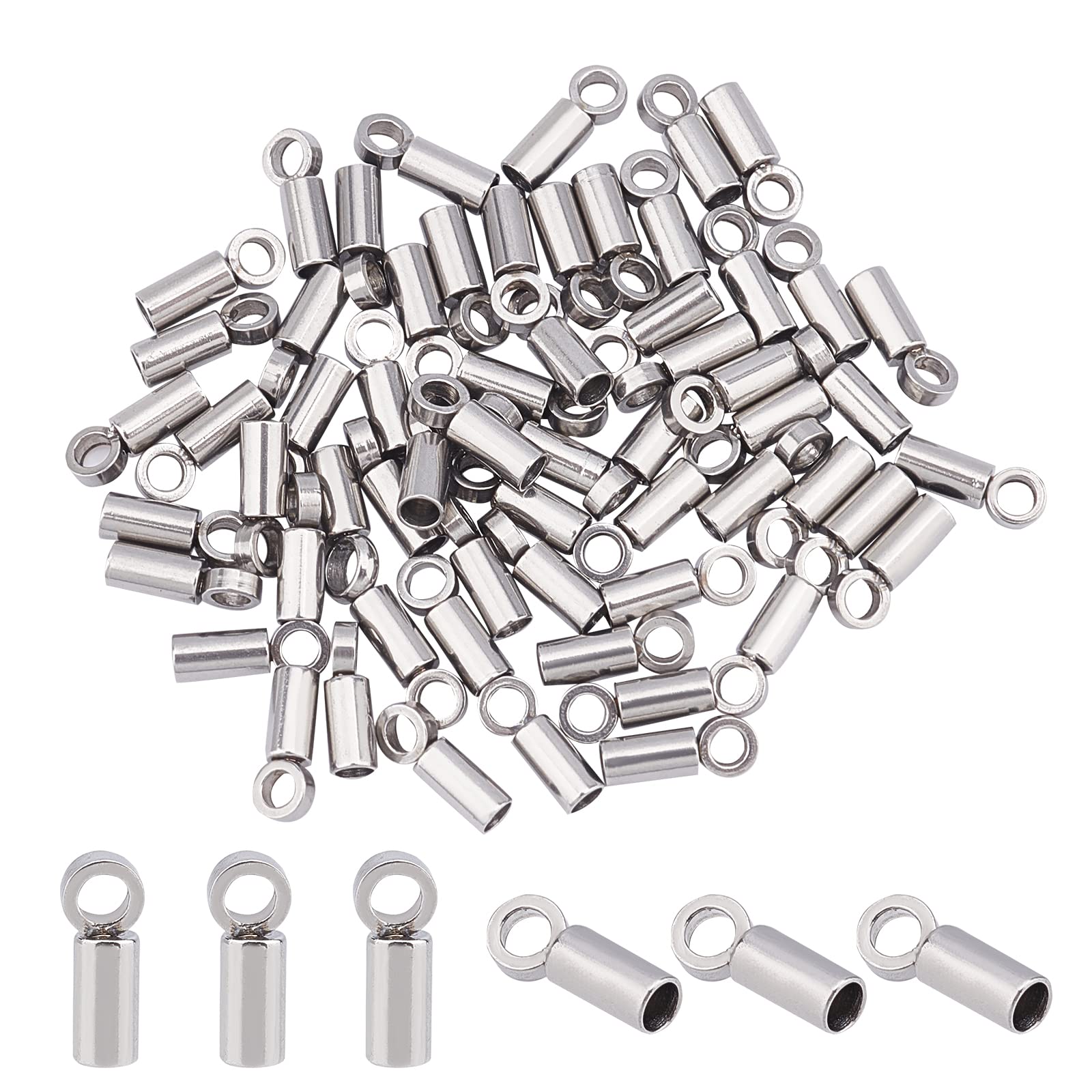 UNICRAFTALE 60pcs Tube End Caps Stainless Steel Cord Ends 1mm Inner Diameter Smooth End Caps Metal Terminators Cord Finding for Leather Cord Bracelets Jewelry Making