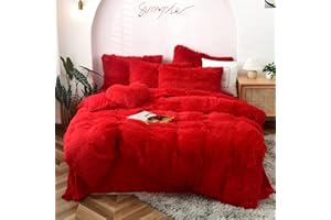 MorroMorn 5 PCS Shaggy Duvet Cover Bedding Set - Long Faux Fur Luxury Ultra Soft (Red, Full/Queen)