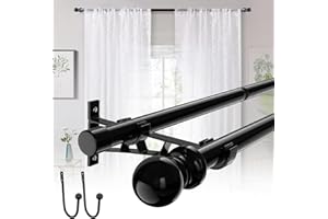 ABTOOL Black Double Curtain Rods for 30in-150in Windows with Brackets and Clip,1Inch Heavy Duty Dual Curtain Rod,Adjustable Decorative Curtain Rod for Window,Bathroom,Patio,Bedroom,Sliding Glass,Door