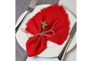 Dololoo Handmade Cloth Napkins with Fringe,18 x 18 Inches Cotton Linen Napkins Set of 4 Versatile Handmade Square Rustic Fringe Napkins for Dinner, Wedding and Parties, Red