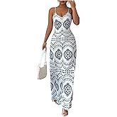 Verdusa Women's Boho Graphic Cinched Waist Cami Dress Elegant Sleeveless Maxi Dresses Vacation Outfit