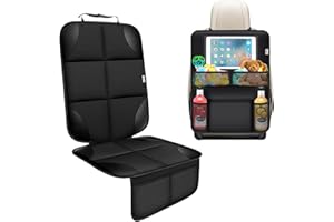 MEOLSAEK Car Seat Protector Under Baby Car Seat+ Seat Back Protector Organizer Kick Mat, 600d Fabric Waterproof Backing Carseat Protector with Storage Pockets, Non-Slip (No Imprints) (1 Set)