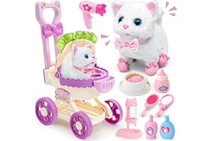 G.C Cat Toys for Kids Girls, Electronic Interactive Stuffed Cat Walk Meow and Wag Tail with Stroller Pet Care Accessories Toys Pretend Play Birthday Gifts for Toddlers Girls 3 4 5 6 7 8 Year Old