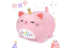 Auspicious beginning Pink Birthday Cat Plush Stuffed Animals-Gifts for Girlfriend, 16'' Pink Plush Pillow, Kawaii Plushies Kitten Body Pillow Cat Plushie, Kitten Plush Pillow Kids