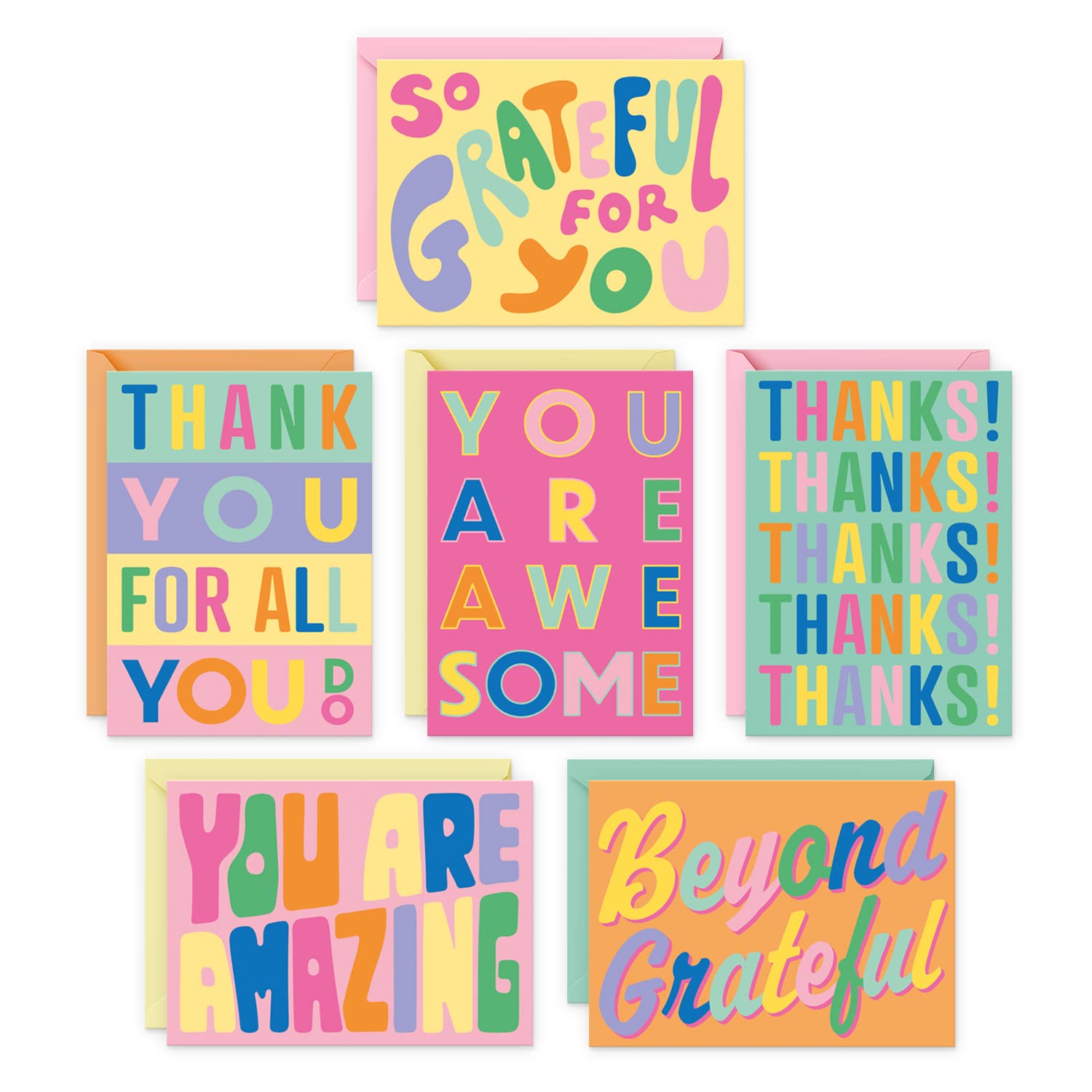 S&O Fun Thank You Cards with Envelopes, Set of 24 Assorted Gratitude Note Cards in Pop Colors, Decorative Thank You Notes to Mix & Match for Expressing Appreciation