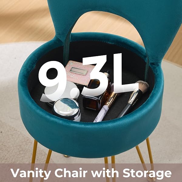 RUCUKEN VELVET GREEN SMALL VANITY CHAIR & STOOL – 13″ DX13 W FOLDING BACK STORAGE OTTOMAN, ANTI-SLIP GOLDEN V-LEG FOR BEDROOM MAKEUP ROOM