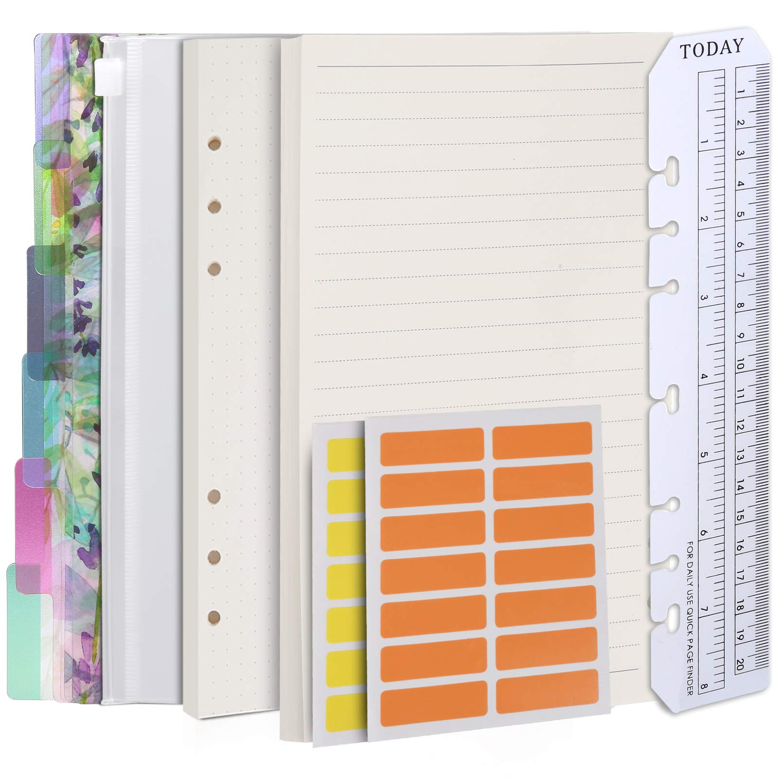 Teenitor Refillable A5 Notebook Set - 6-holes Loose-leaf Dotted Paper, Lined Paper, 6 Pcs PVC Binder Index Dividers, Zip Lock Envelope, Ruler and 28 pcs Sticky label, Binder Planner Refill Paper Ruled