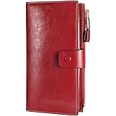 Itslife Womens Wallet RFID Blocking Large Capacity Luxury Wax Genuine Leather Wallets Clutch Wallet Ladies Card holder, Red