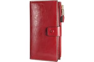 Itslife Womens Wallet RFID Blocking Large Capacity Luxury Wax Genuine Leather Wallets Clutch Wallet Ladies Card holder, Red