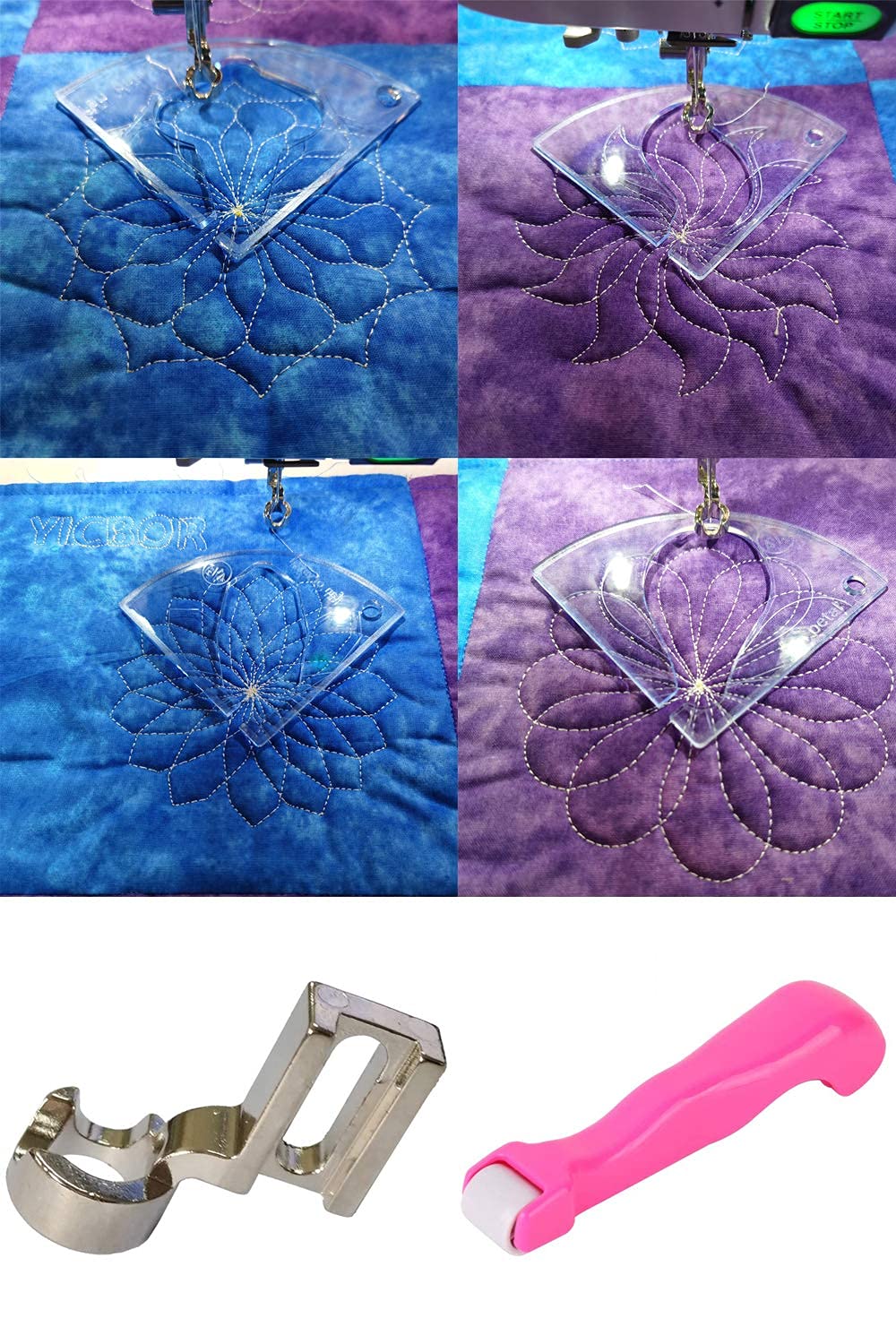 Free Motion Quilting Rulers and Templates Set, Incuding 4pcs Rulers, 1pcs Low Shank Ruler Foot, and 1pcs Seam Pressing Wheel