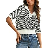 Skoinvb Womens Striped Cropped Sweater Short Puff Sleeve Fall Sweaters V Neck Tops Knit Casual Pullover Shirts Outfits