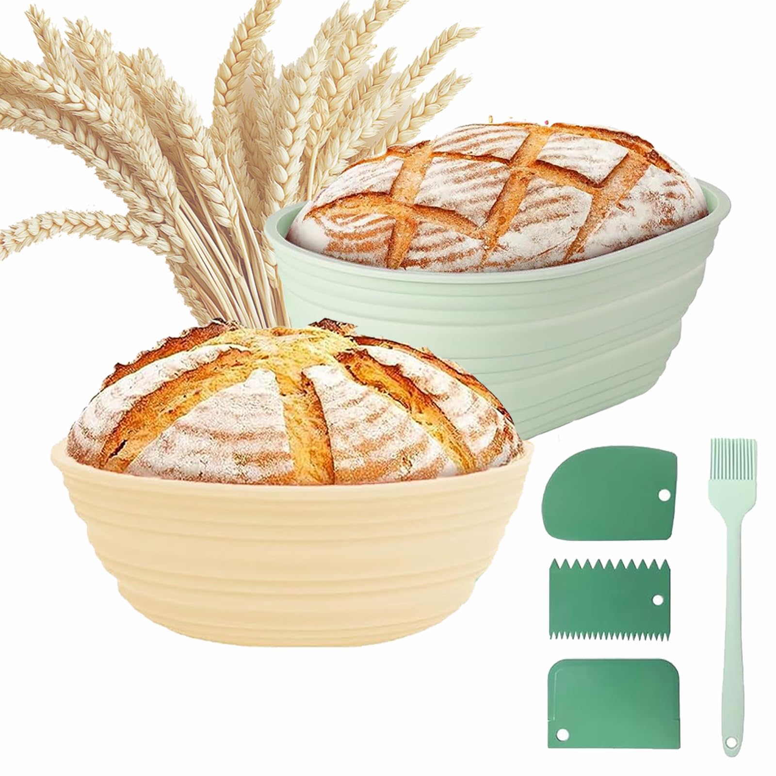Sourdough Bread Baking Supplies, Bread Making Supplies Tools, Sourdough Starter Kit 9 inch Round & 10 Oval, Silicone Banneton Bread Proofing Basket with Scrapers and Oil Brush for Sourdough
