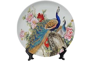 LIGUTARS Flowers and Birds Decorative Ceramic Plate, 10 Inch, Peacock Surrounded by Round with Vertical Stand for Table Accessory Decor or Bedroom Living Room Bathroom Wall Decor