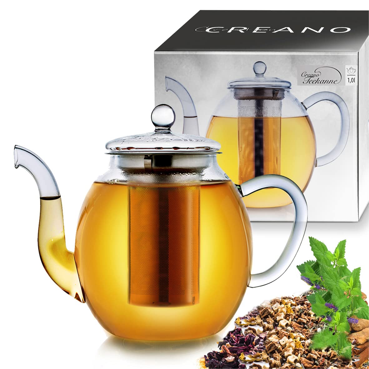 Creano Glass Teapot 1000ml - Stovetop Safe Tea Kettle with Stainless Steel Infuser and Glass Lid - Ideal for Preparing Loose Teas - Drip Free