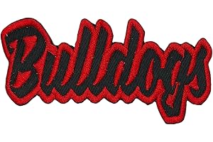 WHOLESALE APPLIQUE Bulldogs Mascot, Team Name, Embroidered, Iron on Patch (Black Twill/Red Outline)