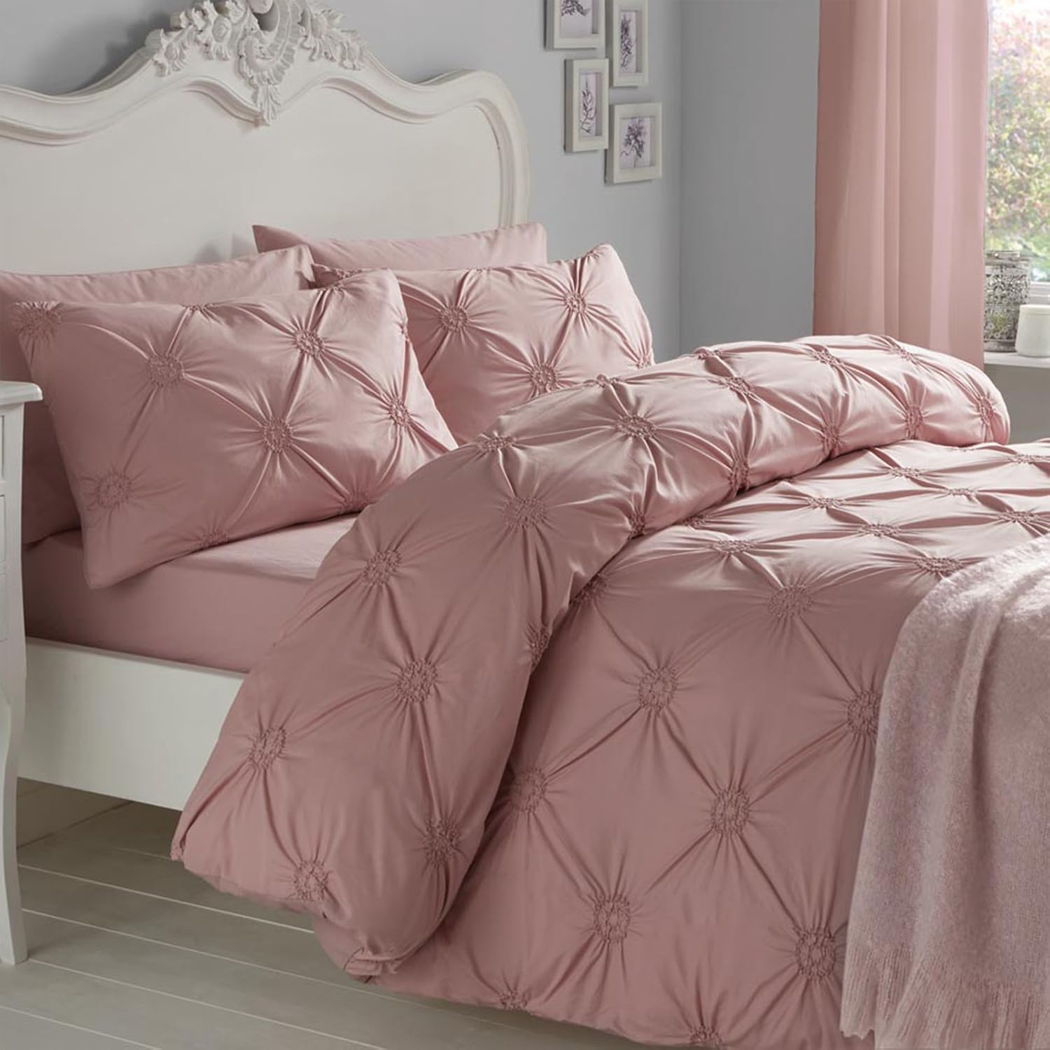 Just Contempo French Ruched Duvet Cover Set, King, Blush, Cotton, Pink