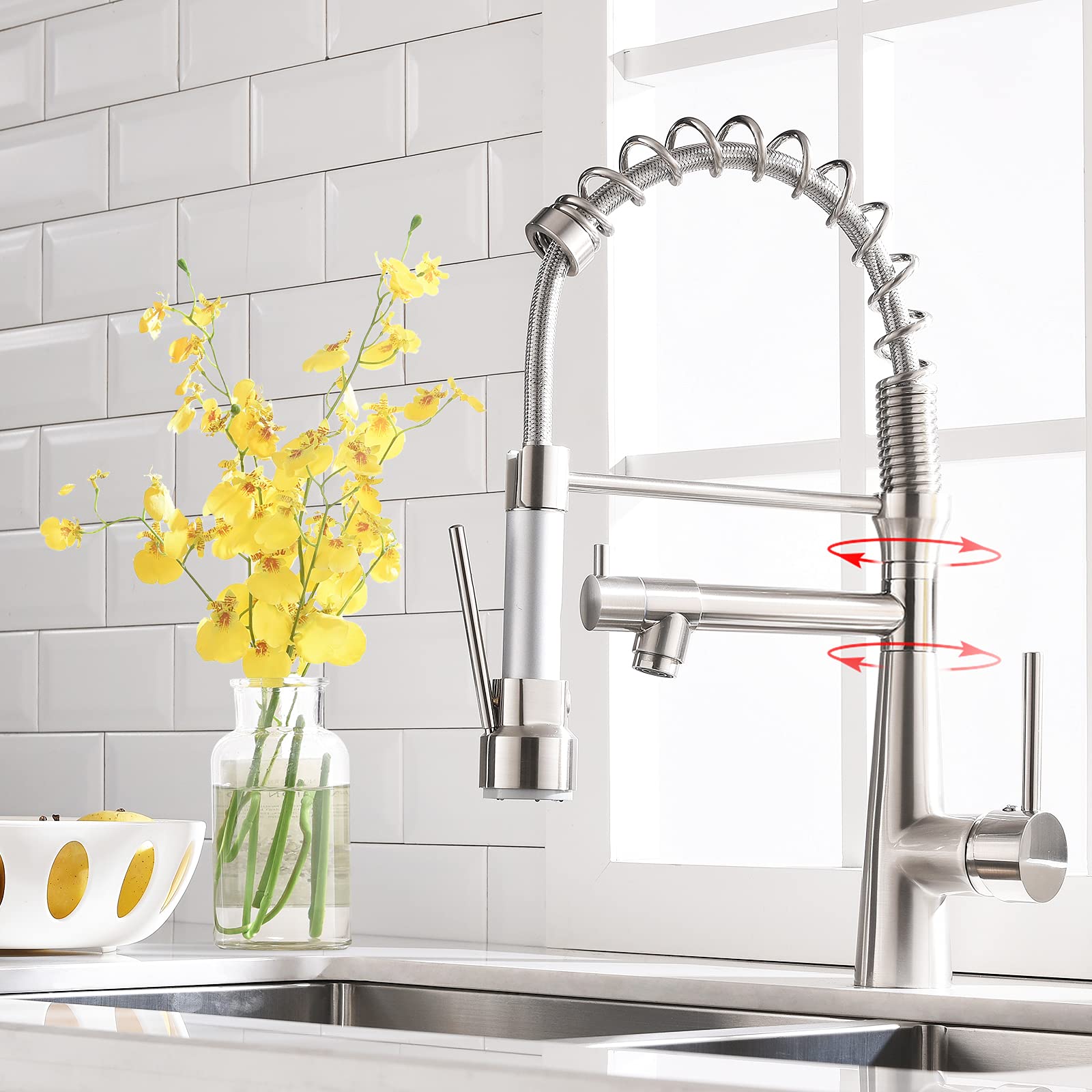 TIMACO Kitchen Tap - 360° Swivelling with Spiral Spring Shower Extendible Gastro High-Pressure Kitchen Sink Mixer Tap Brushed Nickel