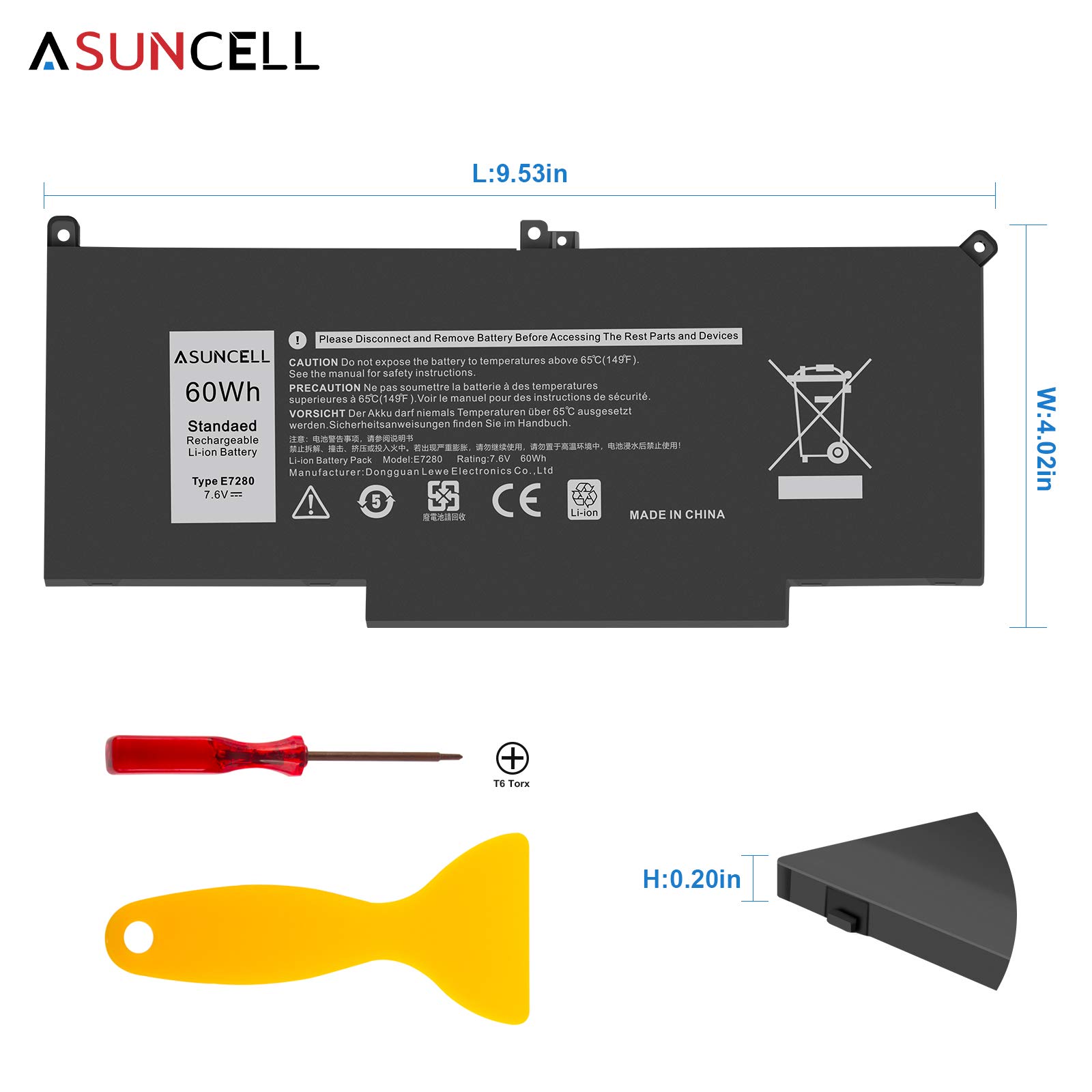 Batteria Per Dell Latitude Serie 7000 ASUNCELL 60Wh - Modello F3YGT, 7.6V, 4 Celle - Foto 6