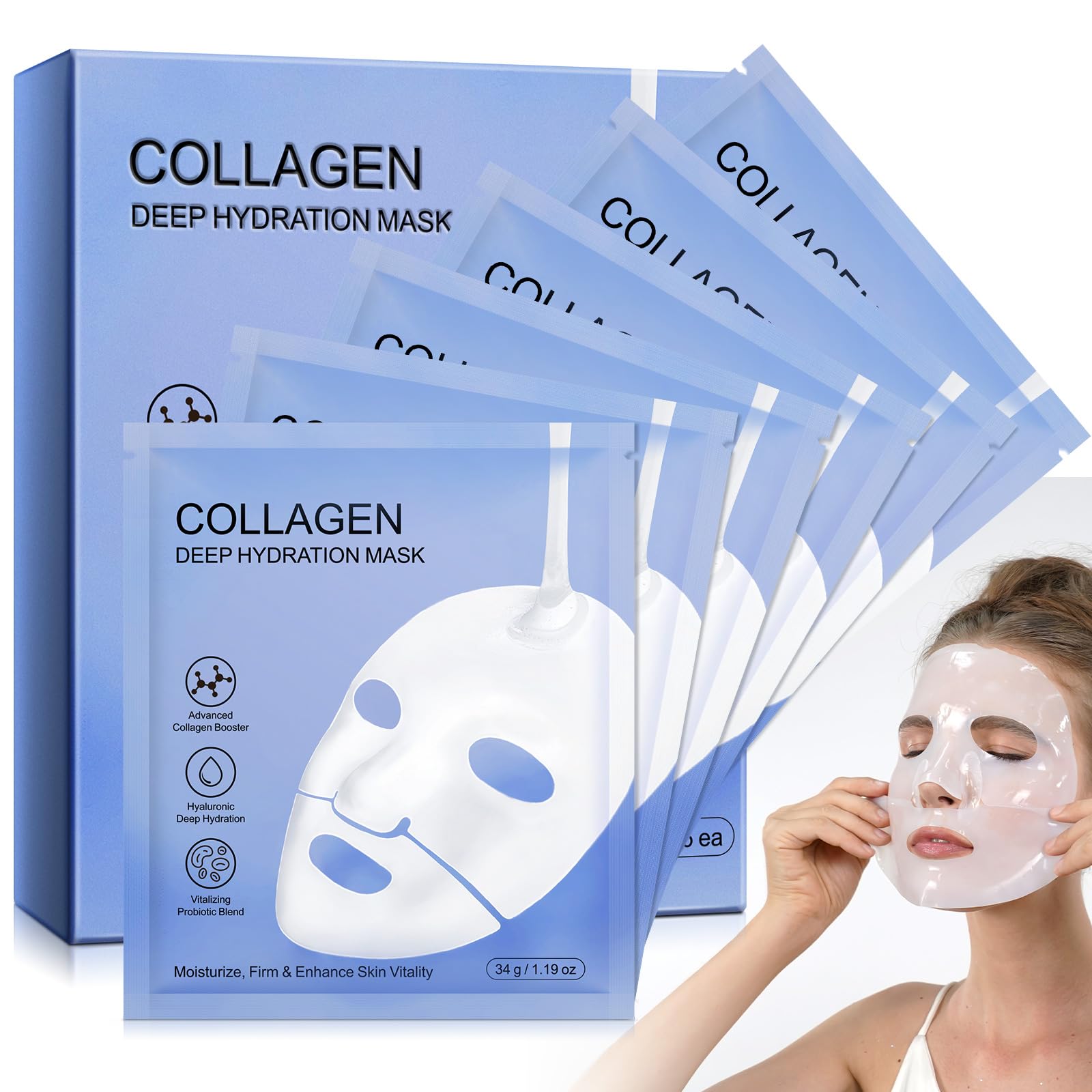 Collagen Face Mask, Hydrating Overnight Hydrogel Mask for Women, Deep Collagen Anti Wrinkle Lifting Mask for All Skin Types, Pore Minimizing, Elasticity Improvement, 34g x6ea