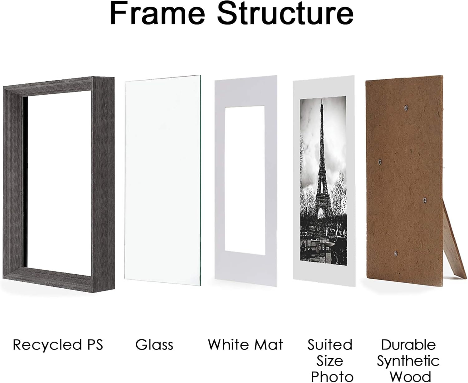 upsimples 8x10 Picture Frames with High Definition Glass, Display Pictures 5x7 with Mat or 8x10 Without Mat, Rustic Photo Frames for Wall or Tabletop Display, Set of 5, Dark Grey -