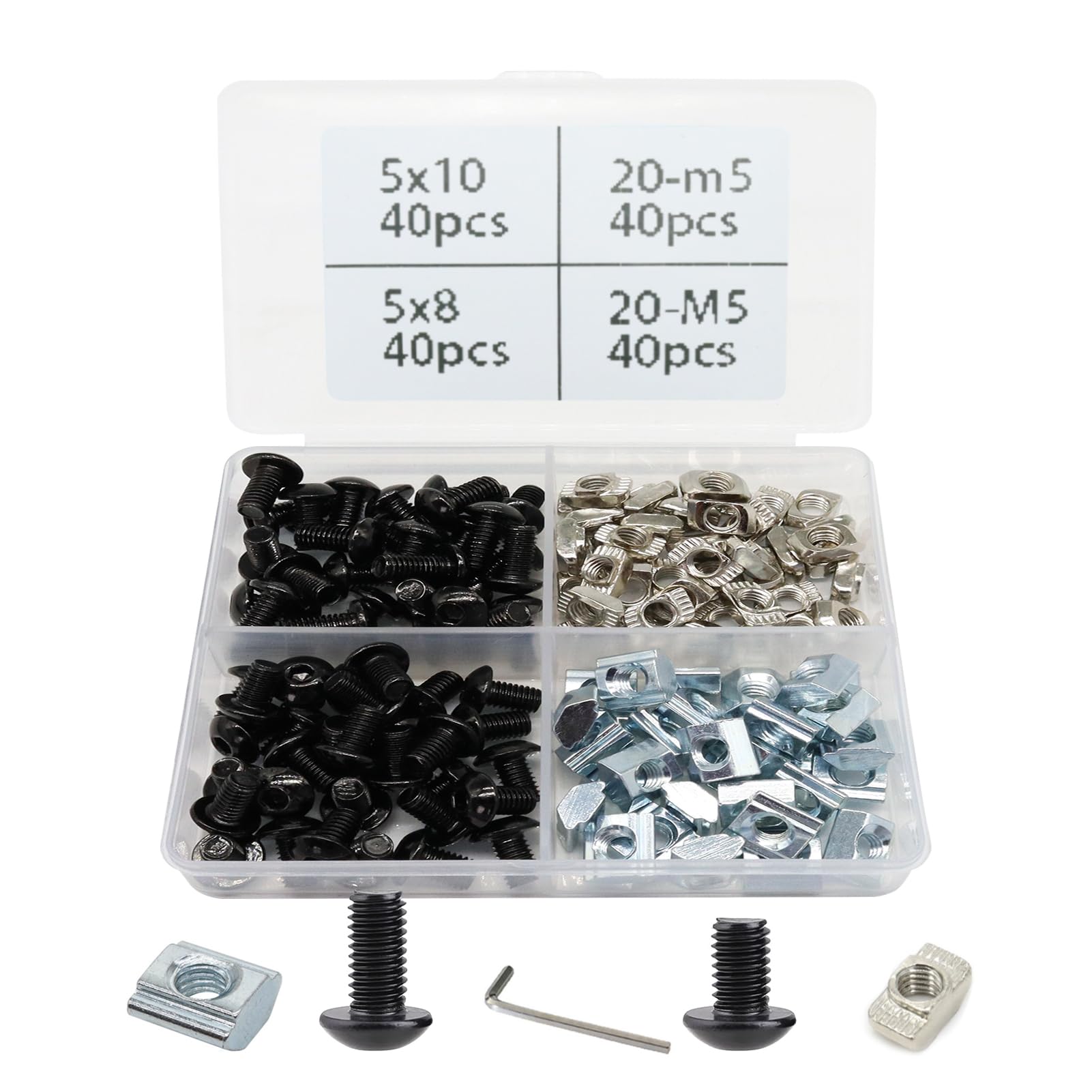 Photo 1 of FORRCKY 160Pcs 2020 Aluminum Extrusion Profile M5 T Slot Nuts and Bolts Screws with Drop in T Nut Slide Nut M5x8 10mm for 8020 2040 20 Series Extruded Hardware T V Slot Black Extrusion Accessories