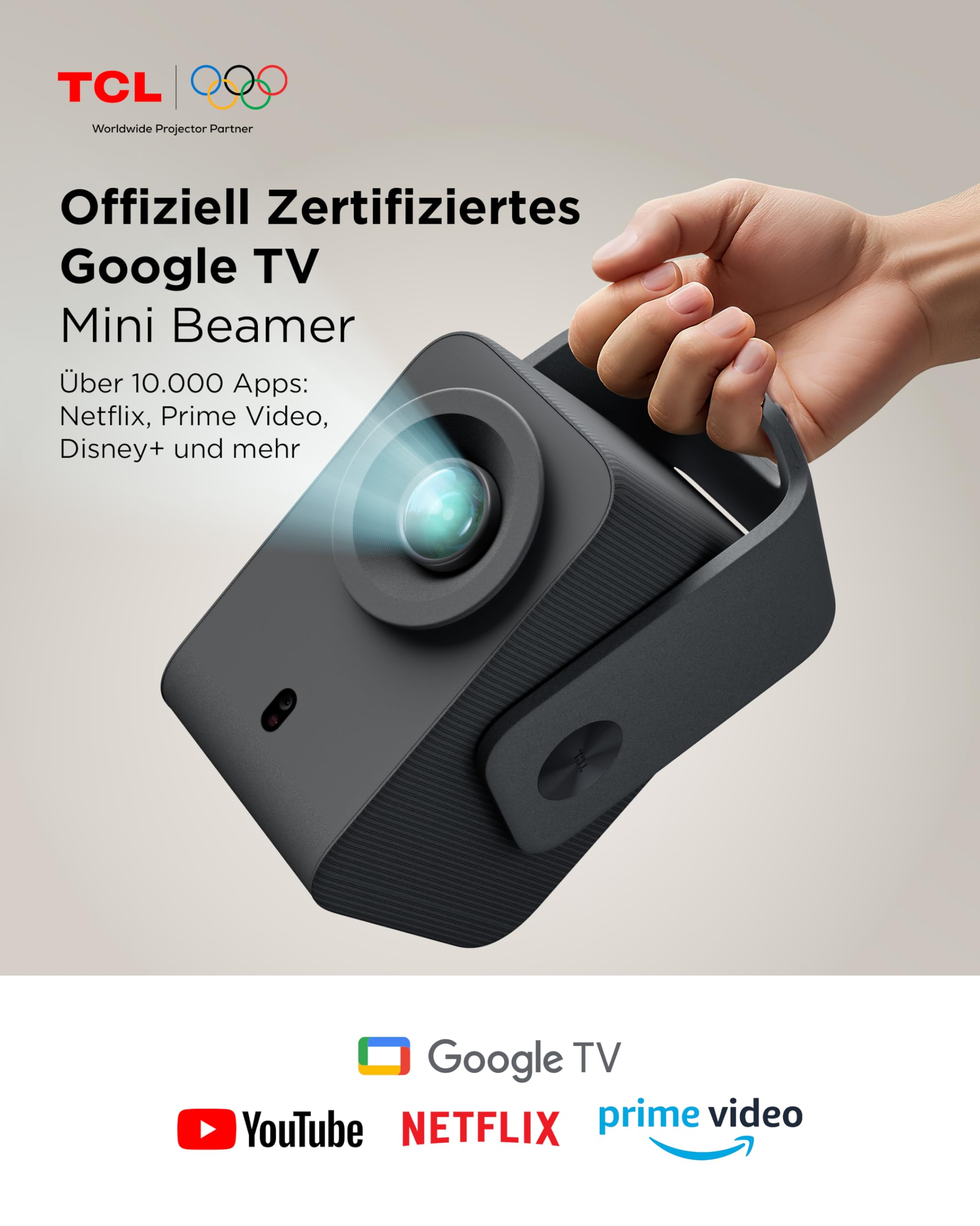 TCL C1 Smart Mini Beamer, Integriertes Offizielles Google TV/Netflix/APV, Projektor 4K 1080p, Autofokus & 6D Keystone, Dolby 8W, WLAN, Bluetooth, 285° Drehbar für Handy, Heimkino, Deckenprojektion 2