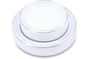 Crystal Ridge Tableware 60-Piece Plastic Plates Set Premium 30 Dinner Plates & 30 Salad Plates Pack, Disposable Plates for Party - White Plastic Wedding Plates with Silver Rim