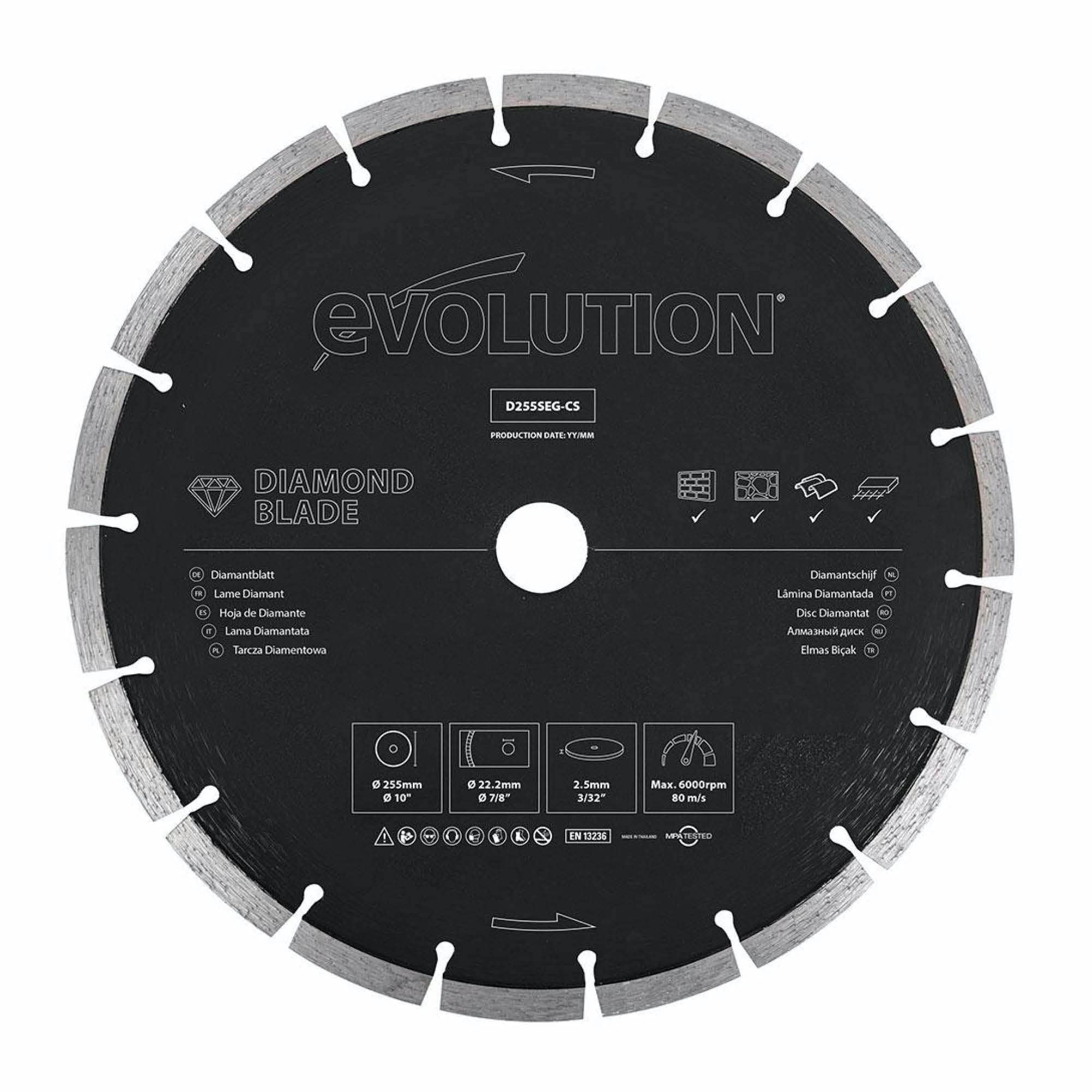 Evolution Power Tools D255SEG-CS Diamond Blade For Disc Cutters - Segmented Edge For Cutting Masonry, Such as Brick, Reinforced Concrete and Stone, 255 mm