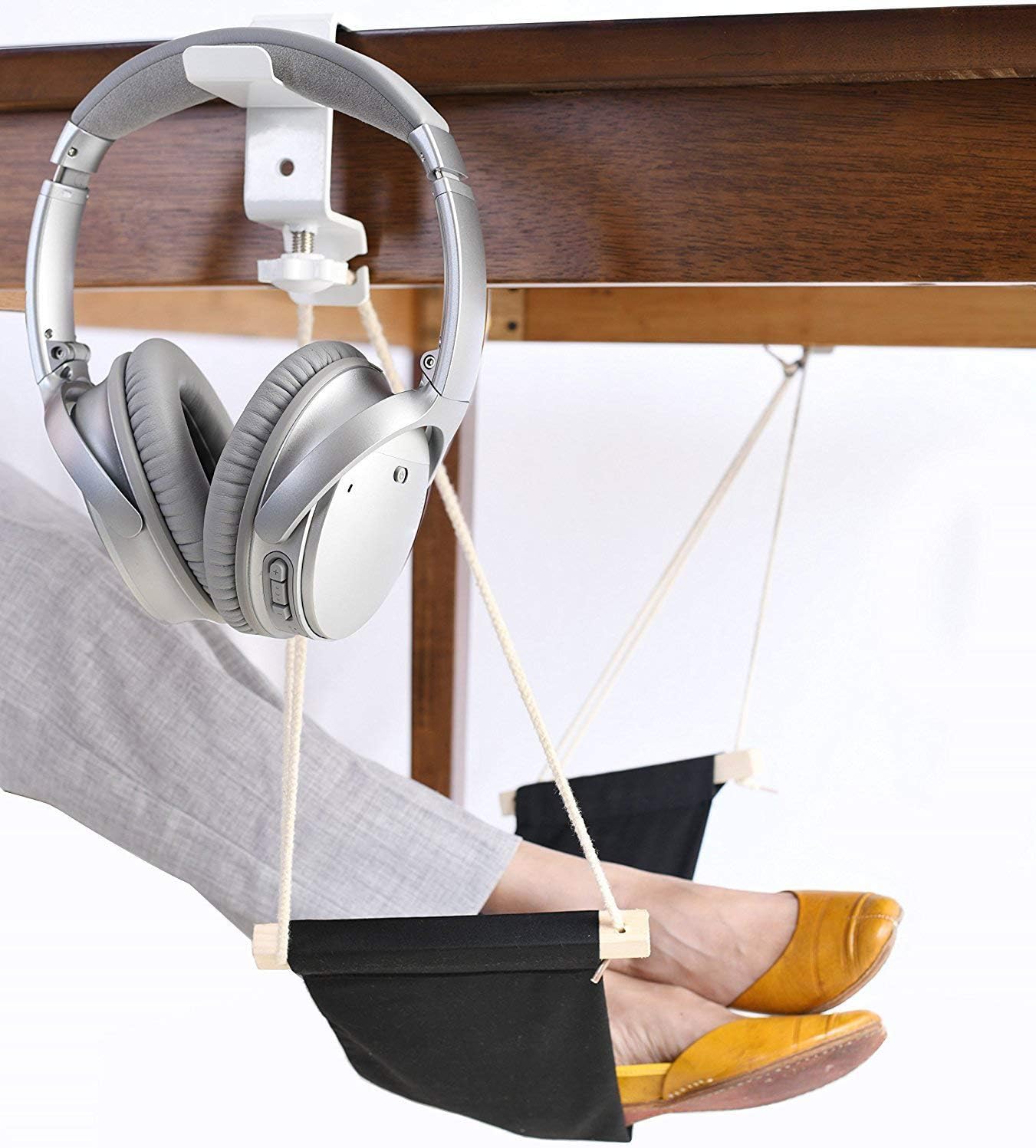 Foot Hammock Under Desk Footrest | Adjustable Office Foot Rest Under Desk Hammock | Portable Desk Feet Hammock with Headphones Holder - Black : Office Products