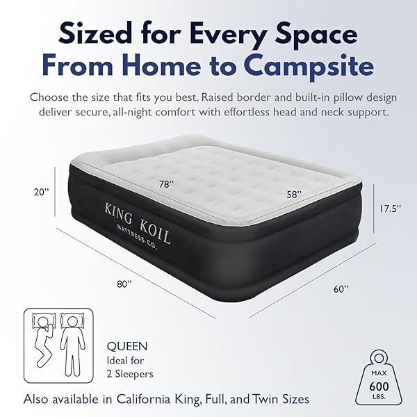 KING KOIL LUXURY PILLOW TOP PLUSH QUEEN AIR MATTRESS WITH BUILT-IN HIGH-SPEED PUMP BEST FOR HOME, CAMPING, GUESTS, 20″ QUEEN SIZE DOUBLE AIRBED ADJUSTABLE BLOW UP MATTRESS, WATERPROOF, 1-YEAR WARRANTY