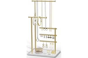 susswiff Jewelry Holder Organizer Stand - Adjustable Tall 17.5" (Max), Sturdy Jewelry Hanger for Necklaces, Earrings, Bracelets, Rings, Jewlery Display and Storage, Gold and White, Metal