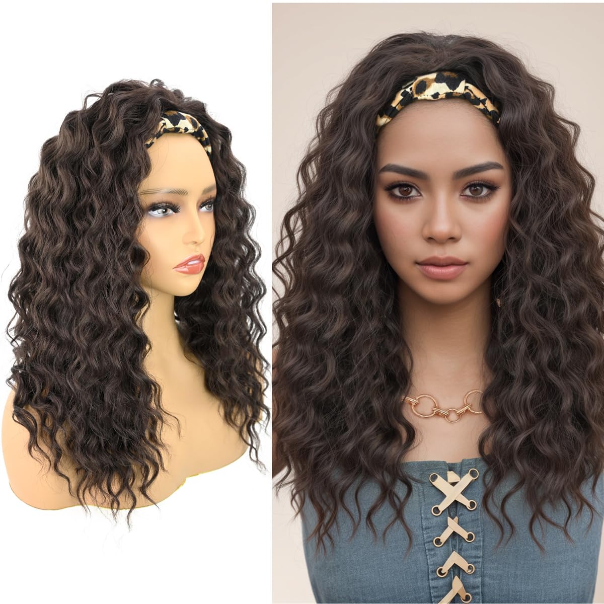 Allyree Loose Deep Wave Headband Wig for Black Women 20inch Dark Brown Curly Wavy Wig with Leopard Headband Attched Synthetic Glueless Curly Headband Half Wigs Machine Made None Lace Front Wig(6#)