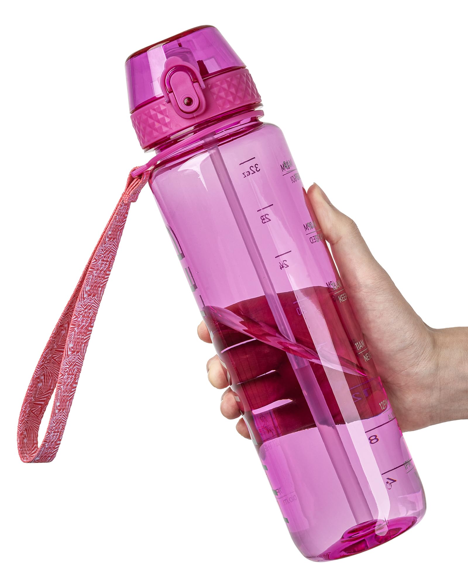 OLDLEY 1L Sports Water Bottle with Straw, Tritan 1 Litre Motivational Drink Bottle, BPA Free Leakproof Transparent Water Bottle with Time Marker for Cycling, School, Gym, Outdoor (Rose)