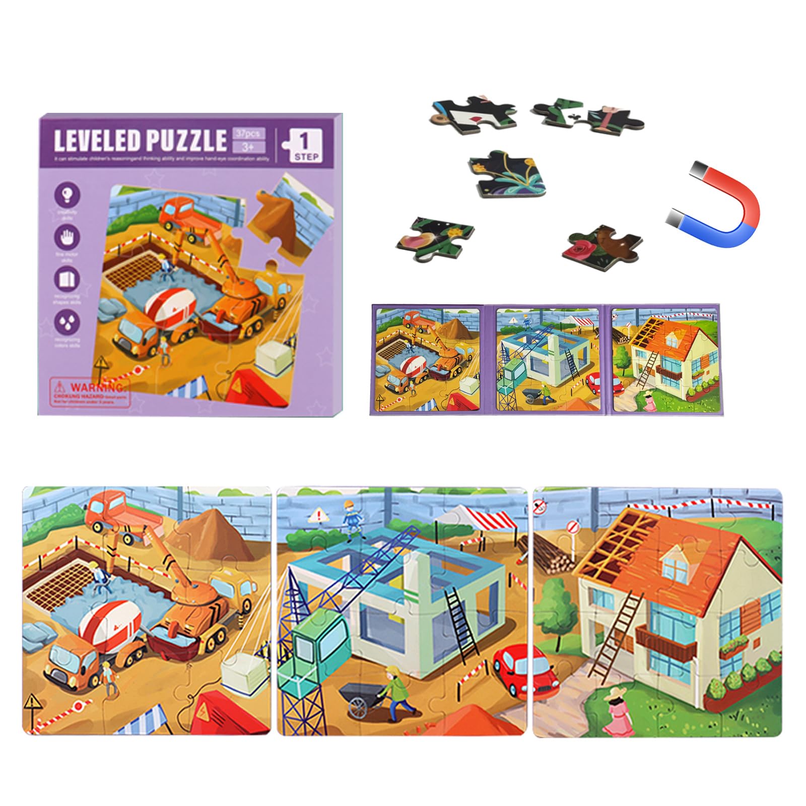GOGOLAN Magnetic Puzzles for Kids 3-5, 37 Pcs Jigsaw Puzzle Games Dinosaurs Activities Toy Refrigerator Magnet,Learning Magnet Gift for Road Trip(Construction)