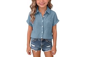 Linen Tops Girls Summer Short Sleeve Collar Button Down Dress Shirt Lightweight Cotton Linen Shirt Loose Fit Beach Blouse Tee