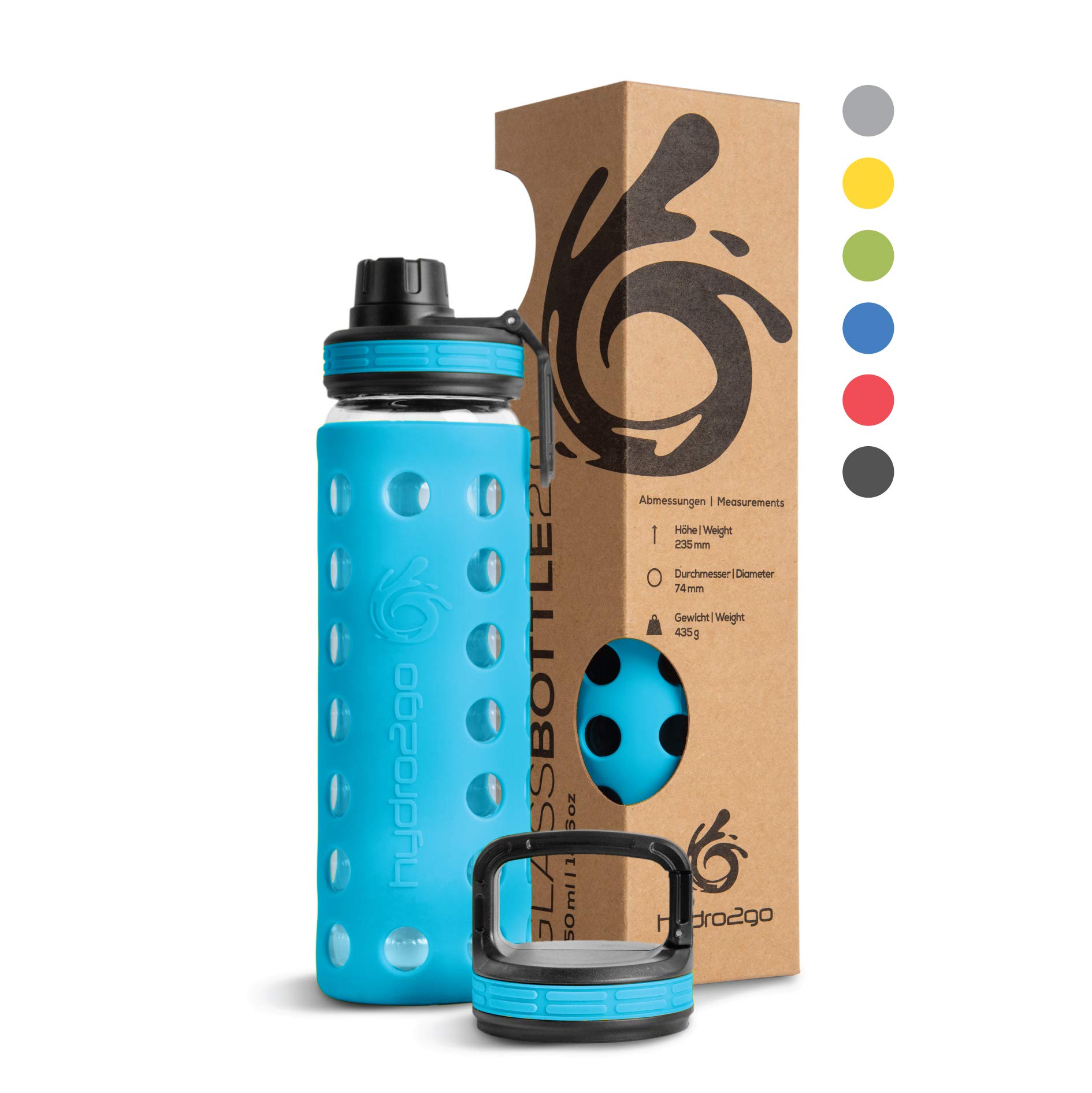 hydro2go Glass Water Bottle with Silicone Sleeve – Leak-Proof, BPA-Free, Dishwasher Safe, for Kids, Office, Sports & Outdoors (Coral Blue 2.0, 550 ml)