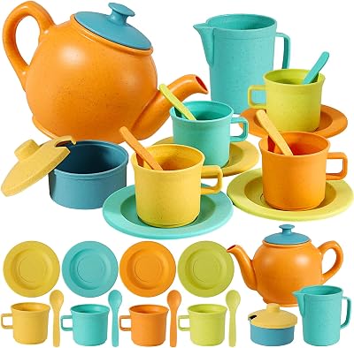 AOLEVA Kids Plastic Tea Set Pretend Play 1 Teapot 4 Cups 4 Spoons 1 Sugar Bowl