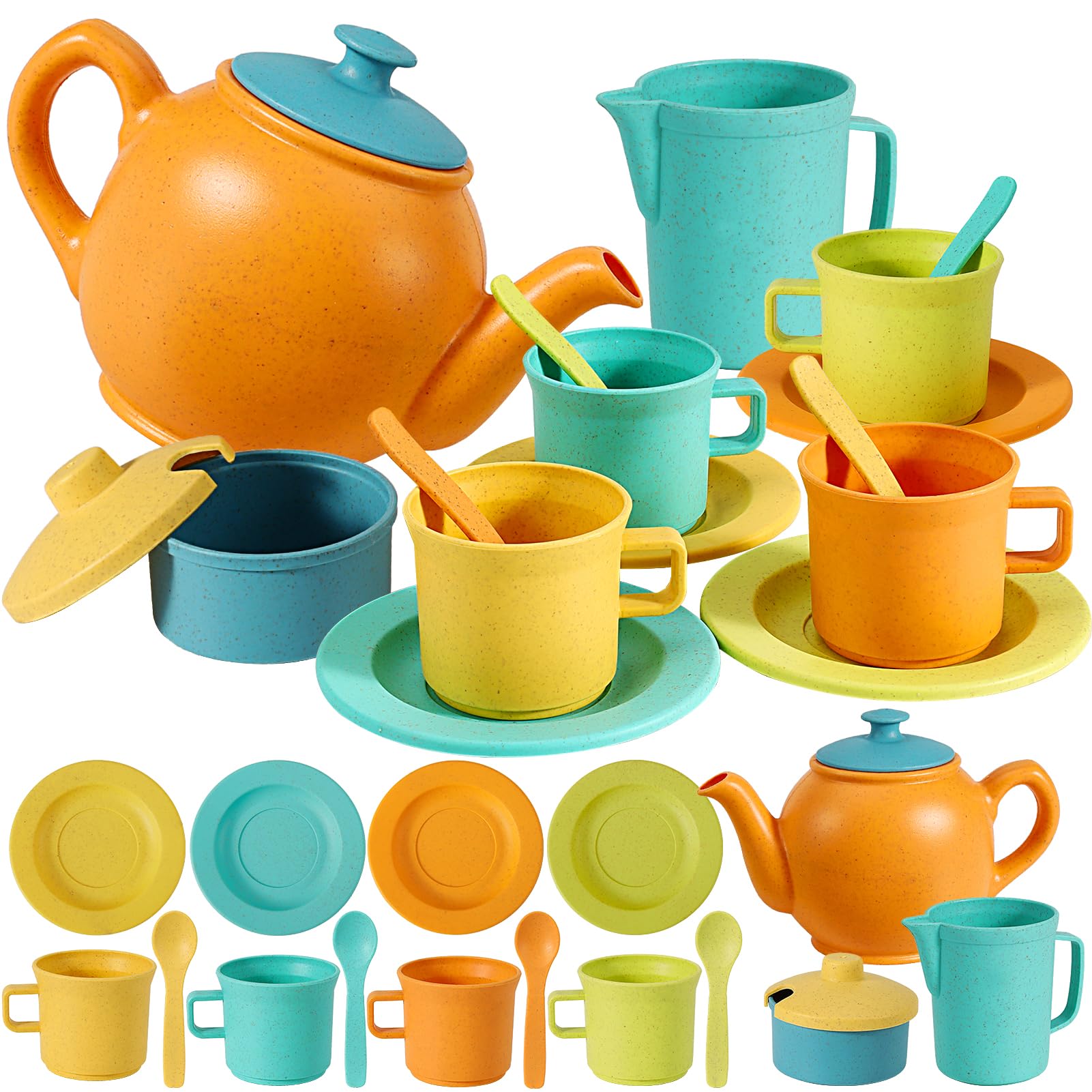 AOLEVA Kids Plastic Tea Sets Toys for Children 3 4 5 Years Old Pretend Play Tea Pot Toy Kitchen Cutlery Dishes Plates Cups Set Accessories Birthday Gifts for Toddler Kids Boys and Girls