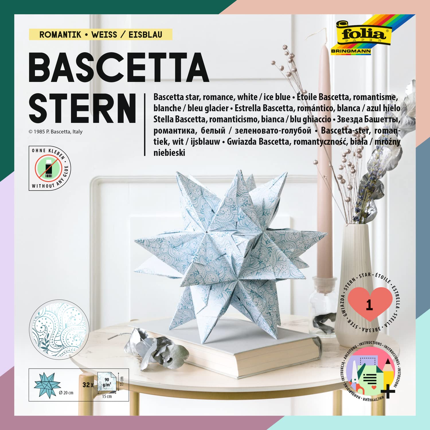folia 402/1515 Craft Set Bascetta Star Winter Ornament White/Ice Blue, 32 Sheets, 15 x 15 cm, Finished Size of Paper Star Approx. 20 cm, with Detailed Instructions (English Language not Guaranteed),