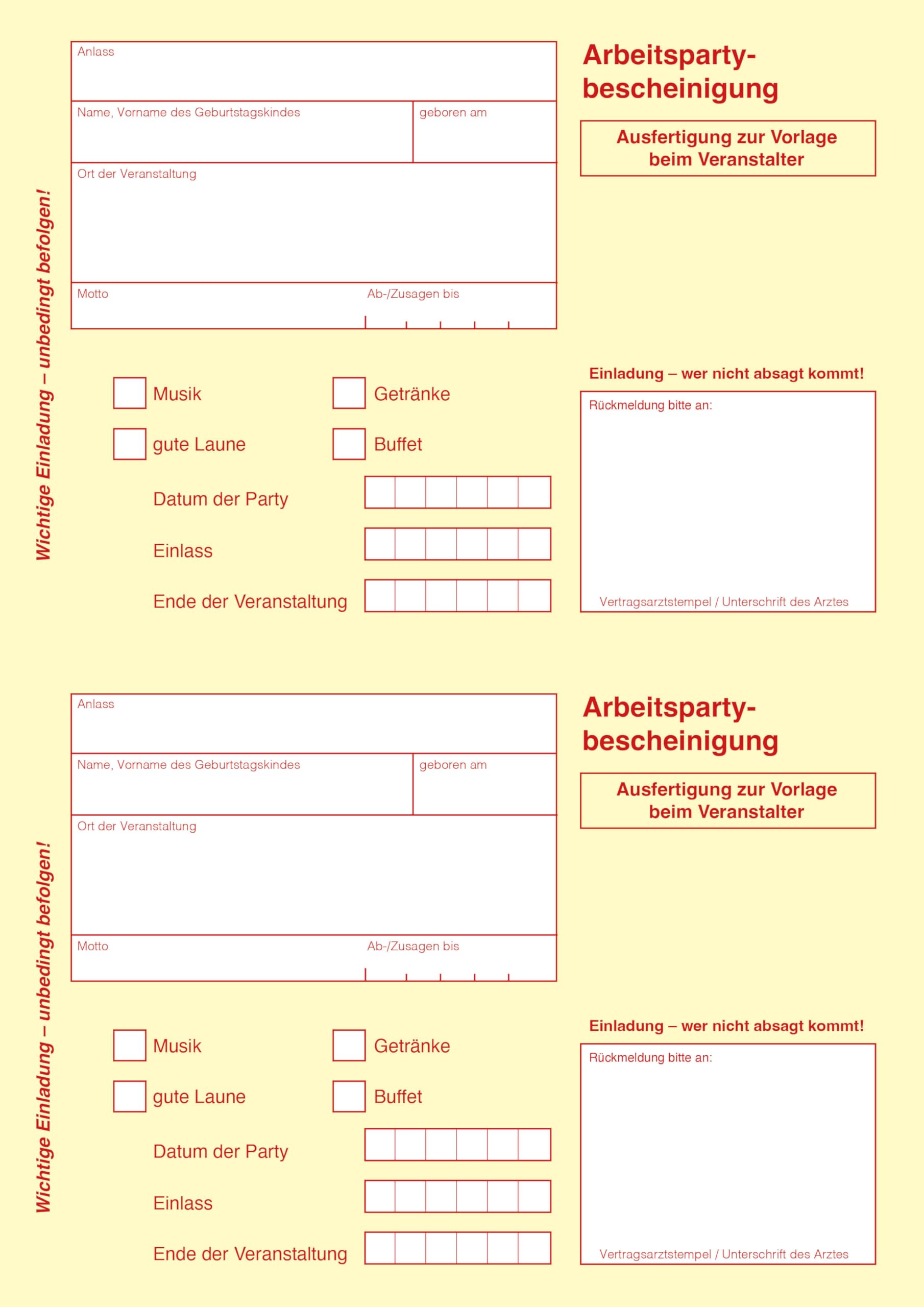 100/150 invitation cards for birthday - various motifs - for printing - professional templates - original idea, funny, individual DIN A5 100 Motiv Krankenschein gelb