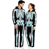 Halloween Skeleton Onesie Adult 2026 3D Print Hooded Zip up Jumpsuit Stretchy Pajamas Unisex Scary Cosplay Party Costume