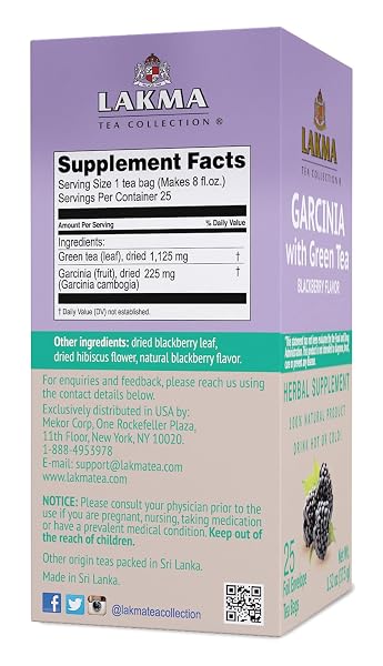 HYLEYS LAKMA GARCINIA CAMBOGIA GREEN TEA WITH BLACKBERRY, 25 INDIVIDUALLY WRAPPED HERBAL TEA BAGS – 100% NATURAL HERBAL TEA FOR WEIGHT MANAGEMENT