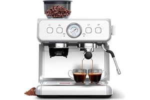 Joy Pebble Espresso Machine,15 Bar Professional Espresso Maker with Coffee Bean Grinder Milk Frother,Coffee Machine for Espresso/Cappuccino/Latte,Single & Double Cup,Stainless Steel