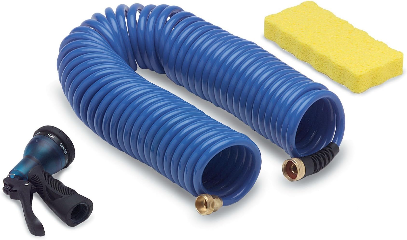 HoseCoilSelf-Coiling Hose Pipe With Flex Relief & 7-Pattern Spray Nozzle And Cellulose Sponge - Blue, 50 Ft