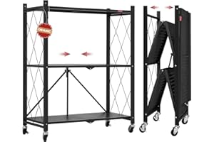 DEANIC 3-Shelf Foldable Storage Shelves with Wheels,No Assembly Microwave Stand, Metal Shelving Units Storage for Garage,Kitc
