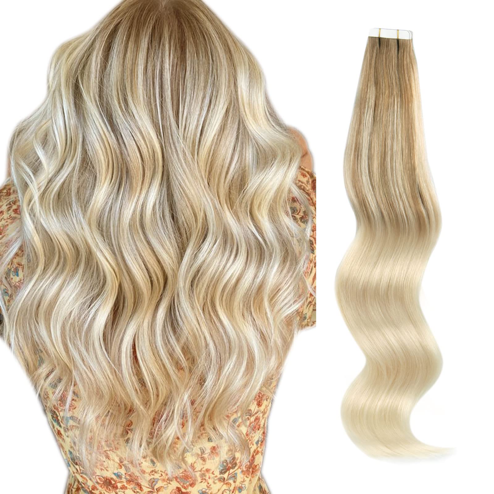 ABH AMAZINGBEAUTY HAIR Balayage Tape in Hair Extensions Human Hair, Invisible Double Sided Skin Weft, 50G 20 Pieces, Platinum Ash blonde with Ash Brown B8-60, 22 Inch — image 1