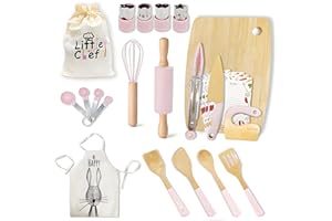 NAFHONE Wooden Cooking & Baking Set for Real Cooking, 32PCS Mini Knife Set Safe Montessori Kitchen Tools, Kitchen Knifes/Cutting Board/Apron with Storage Bag, Baking Utensils Christmas Gift for Little Chef