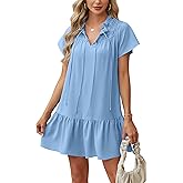 Angashion Womens Summer Mini Dress Short Sleeves V Neck Dresses Ruffle Casual Tie Sundress with Pockets