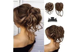 SARLA 2PCS Messy Bun Hair Pieces for Women Detachable Claw Clip Wavy Curly Synthetic Hairpieces for Updos with Tendrils Fake Scrunchies Ponytail Extension Chocolate
