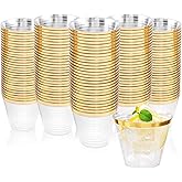 Nervure 120PCS Gold Plastic Cups - 9Oz Gold Rimmed Plastic Cups - Heavy Duty Disposable Clear Cup with Gold Rim Perfect for Weddings, Receptions & Parties